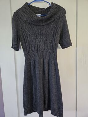 LOFT Gray Cable Knit Sweater Dress Cowl Neck Short Sleeve